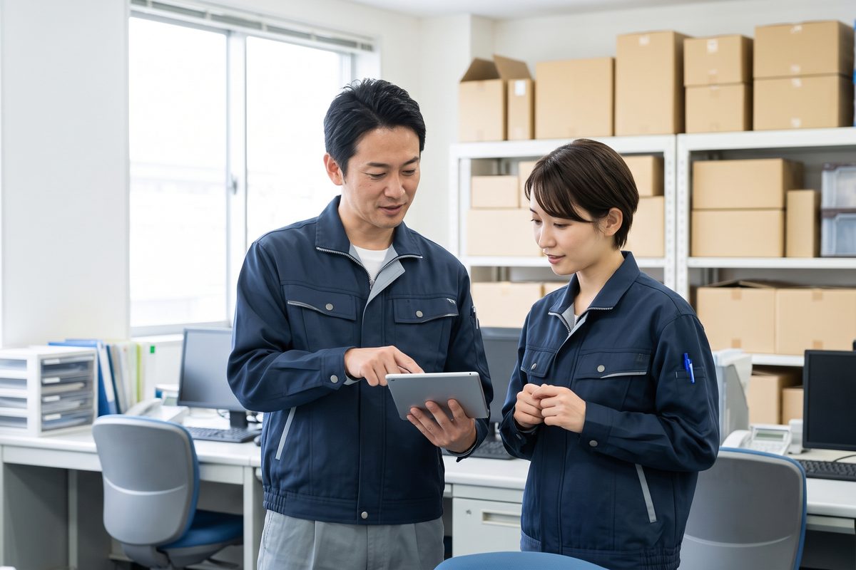 物流会社の倉庫事務所で、タブレットを見ながら話す社員