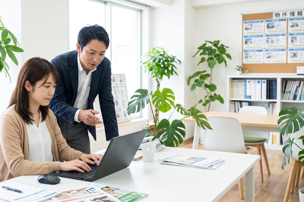明るいオフィスでノートパソコンに向かう不動産会社の社員