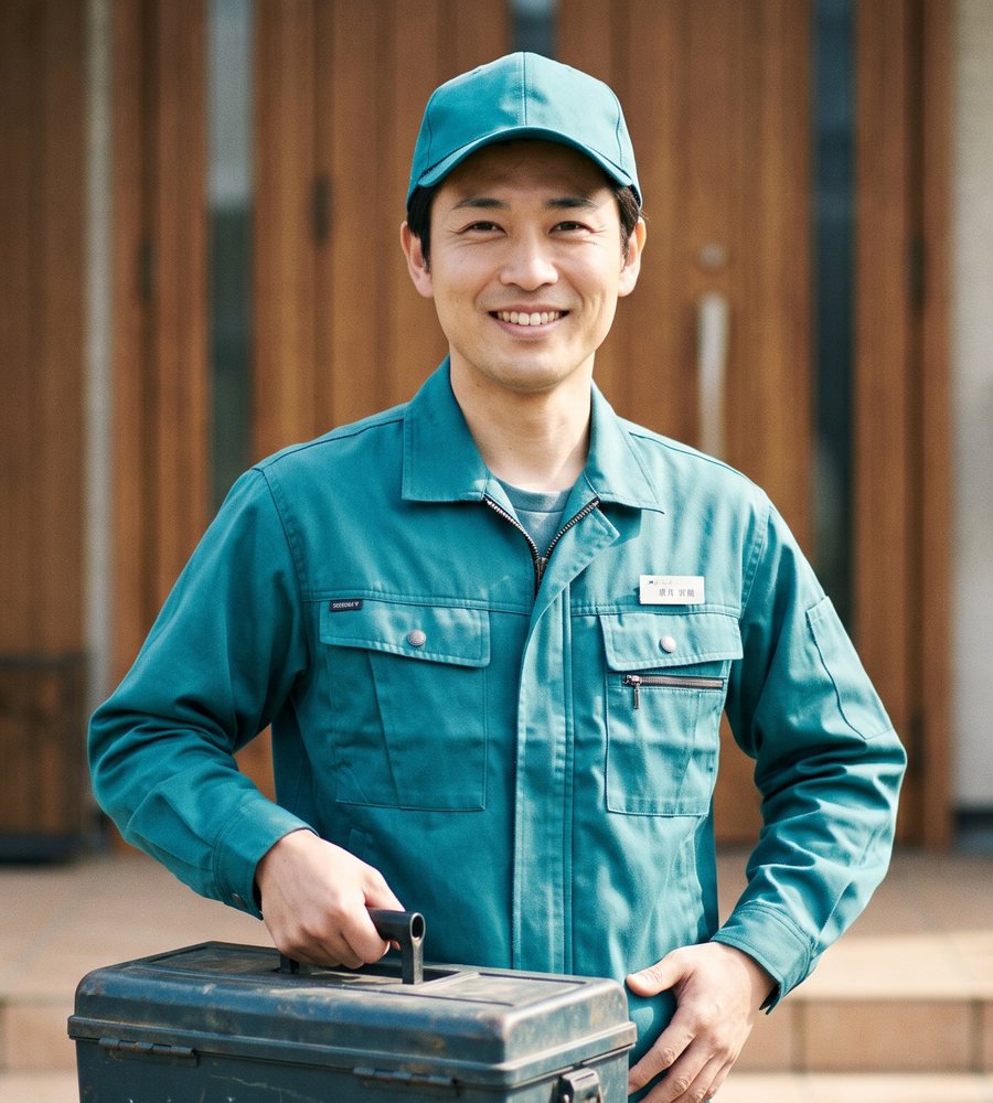 工具箱を持って笑顔で玄関に立つ作業スタッフ