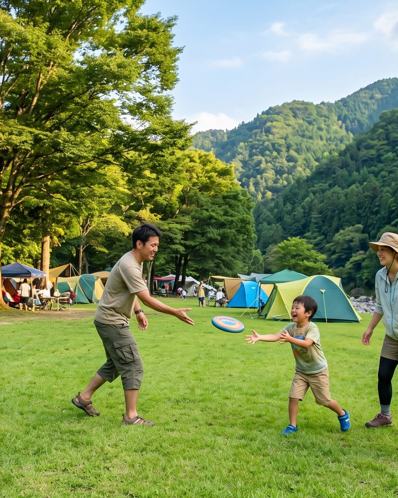 芝生の広場で遊ぶ家族(昼)