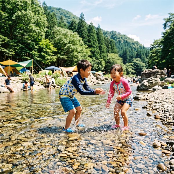 川で水遊びする子ども