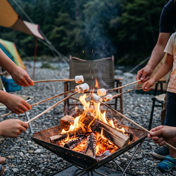 焚き火でマシュマロを焼く手元
