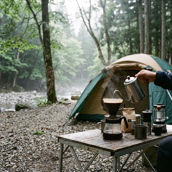 テントの前でコーヒーを淹れる