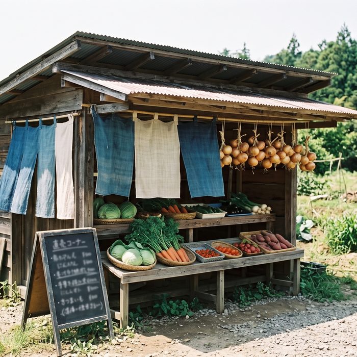 畑の横にある木造の直売所。軒下の棚に野菜が並ぶ