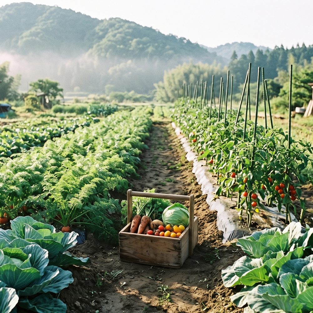 山すその畑に野菜の畝が並び、真ん中にとれたての野菜を入れた木のかごが置かれている