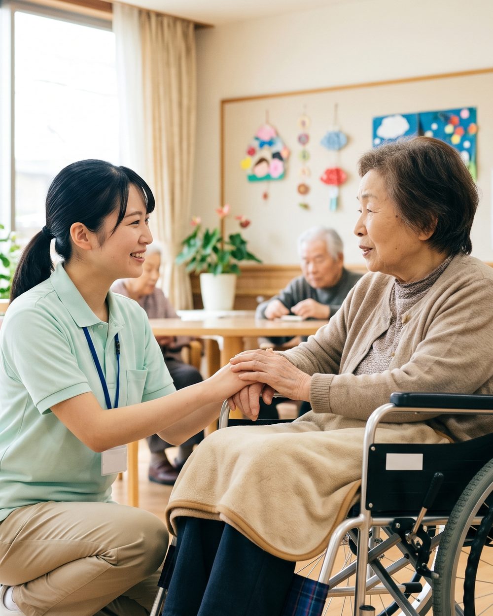 利用者さんと笑顔で話す介護スタッフ