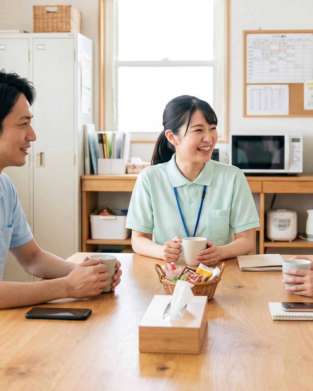 休憩室で談笑するスタッフたち