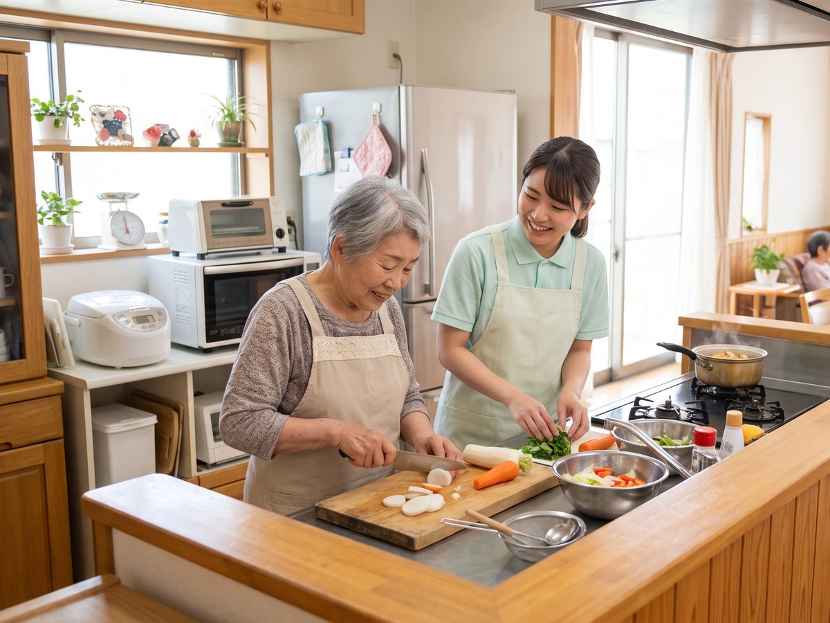 グループホームで料理をする利用者さんとスタッフ