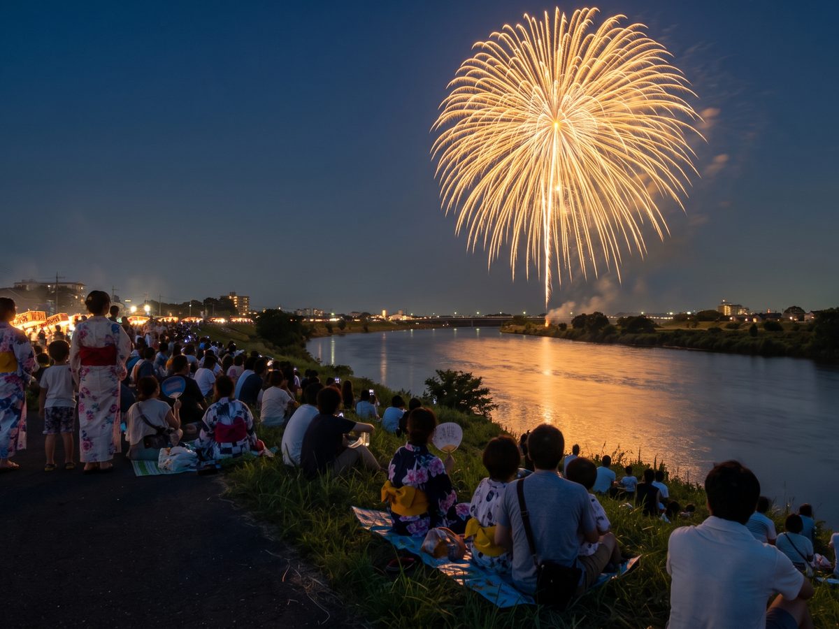 浴衣姿の人々が川辺から夜空の花火を見上げる後ろ姿