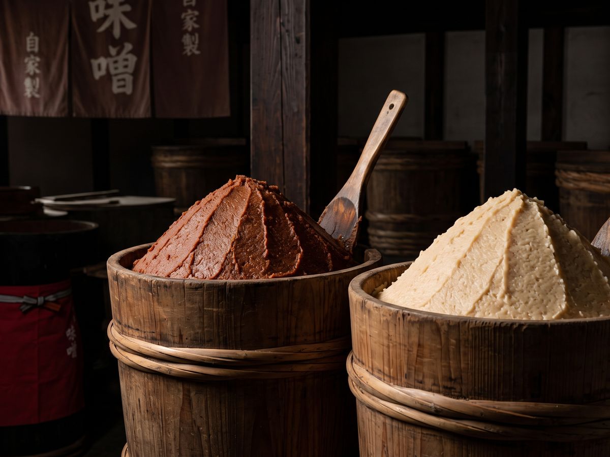 木樽で寝かせた二種類の味噌