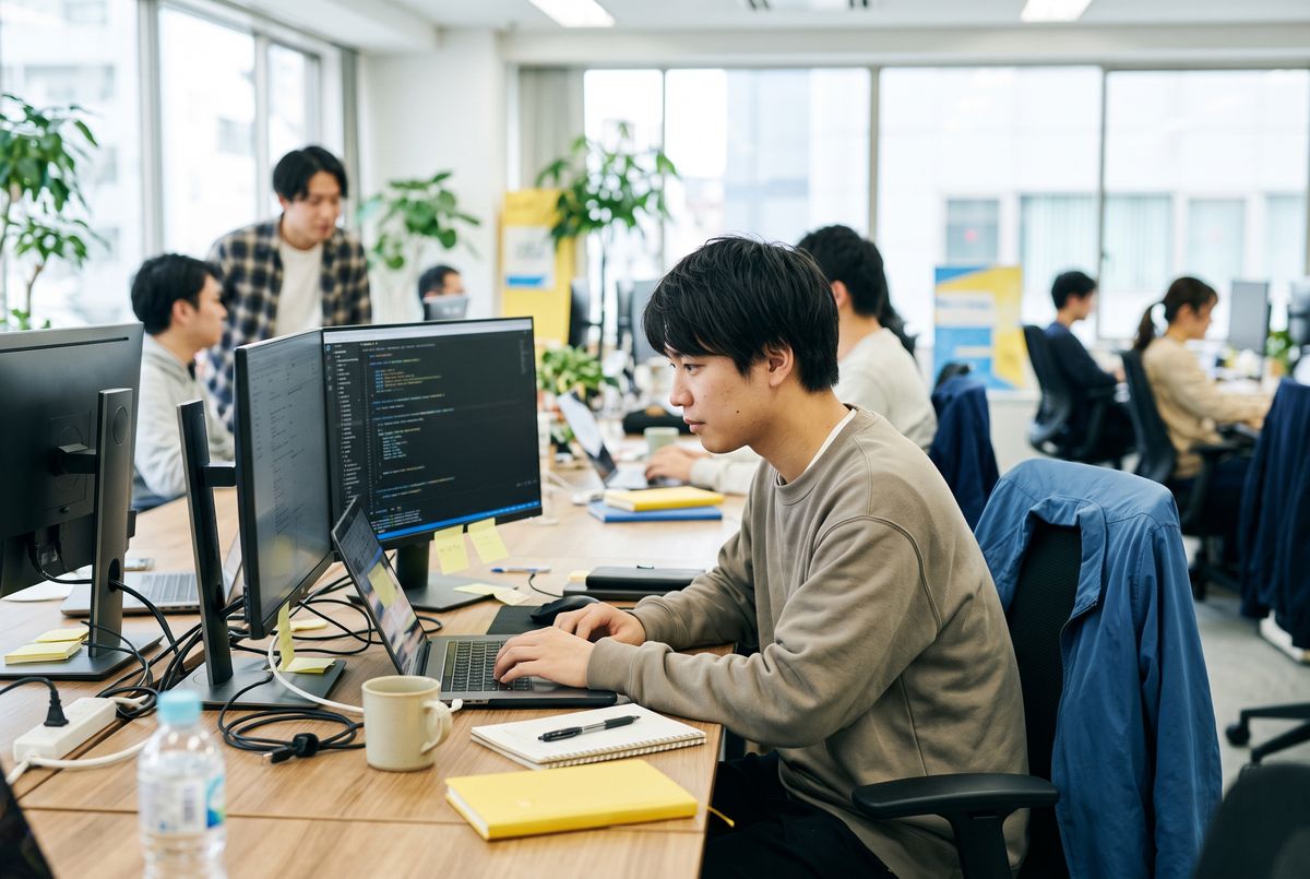 ノートパソコンでコードを書くエンジニア