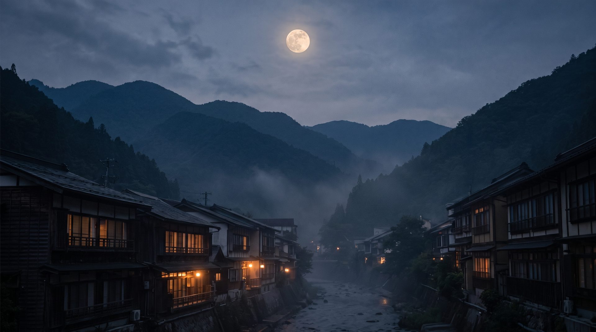 満月の夜、霧の立つ川沿いに宿の灯りがともる山あいの景色