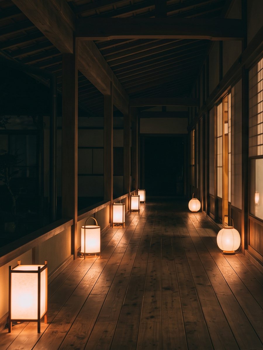 夜の板張りの廊下に、行灯が奥へ続いて灯る