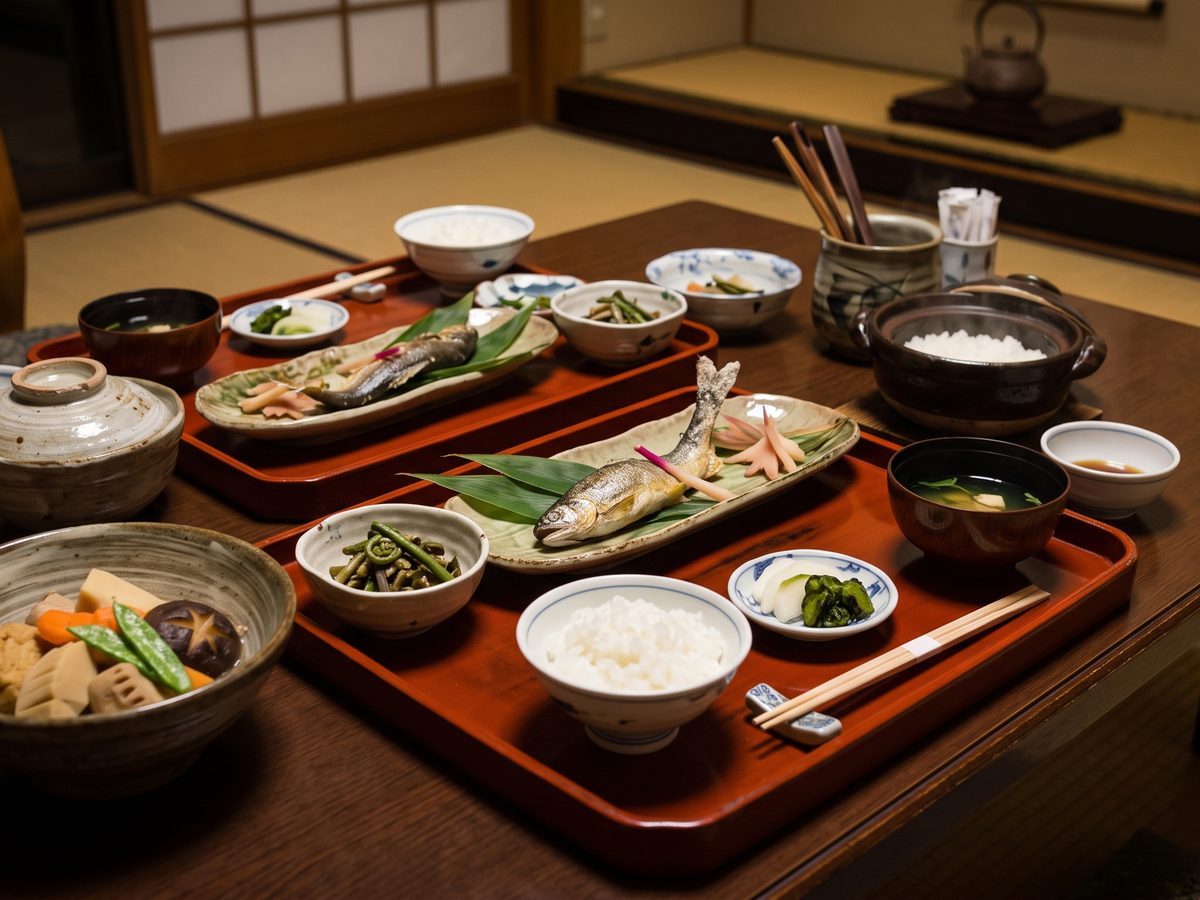 朱塗りの盆に並んだ川魚の塩焼きや小鉢、土鍋ご飯