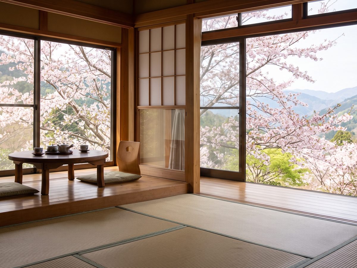 窓いっぱいに山桜が咲く、小上がりのある和室