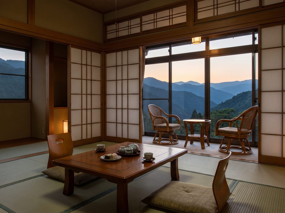 広縁の窓から夕暮れの山並みが見える和室
