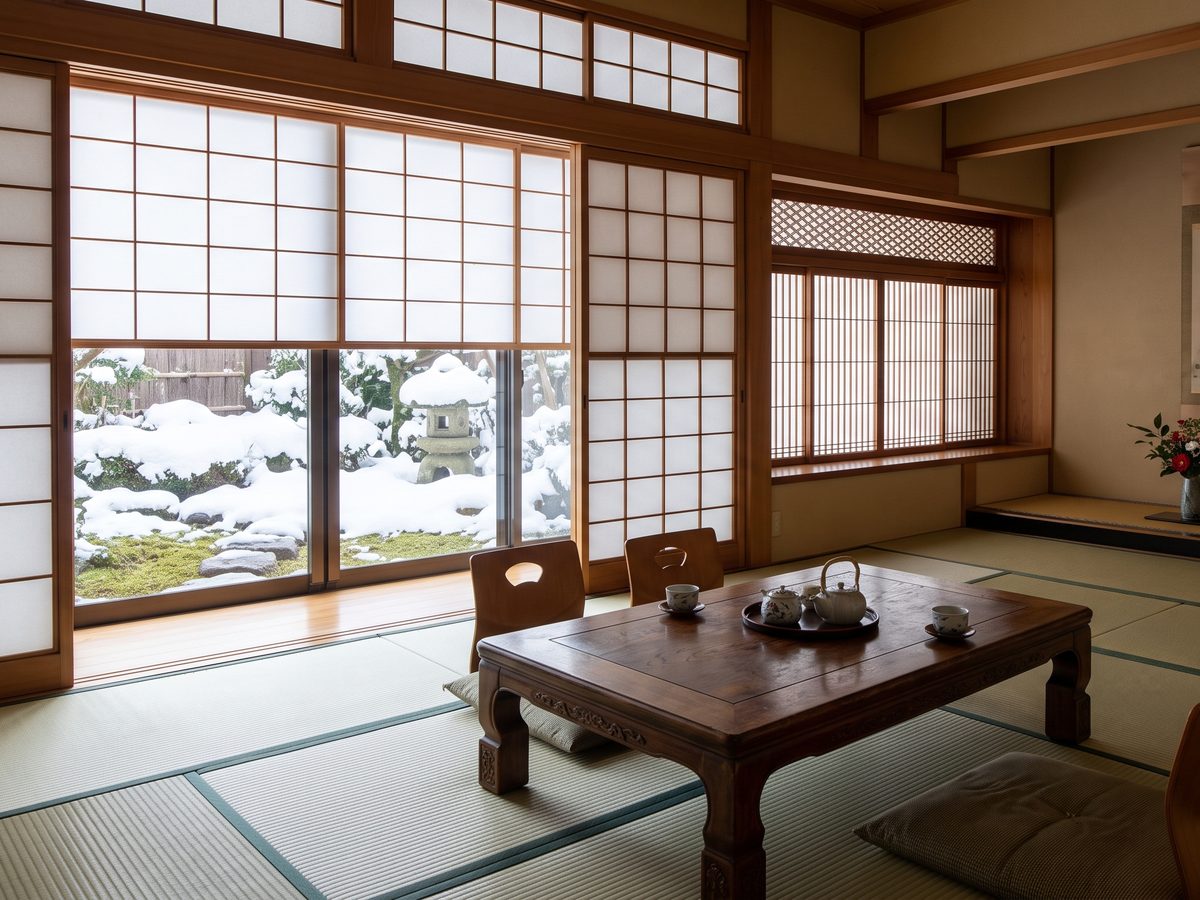 雪見障子の下から雪の中庭が見える和室