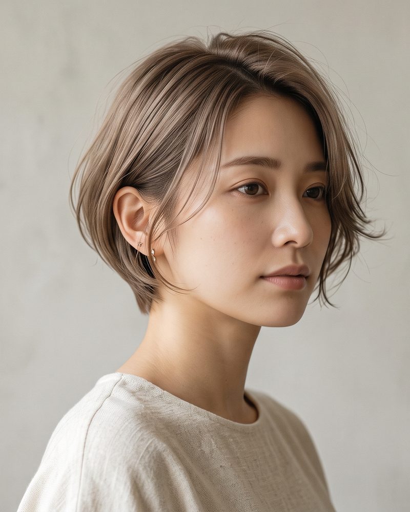 耳にかけた、軽やかなショートヘア