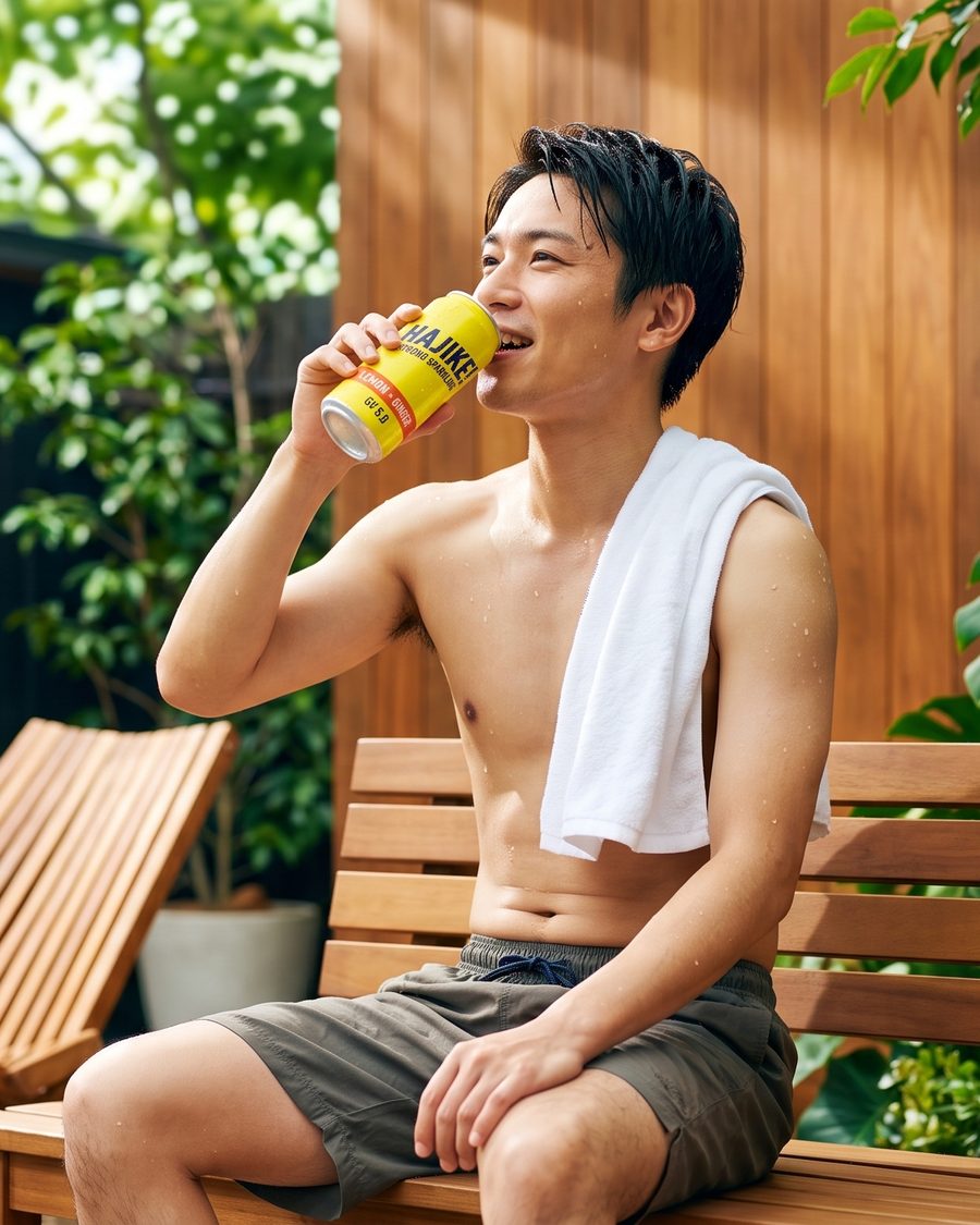 サウナのあとに休憩スペースで炭酸飲料を飲む人