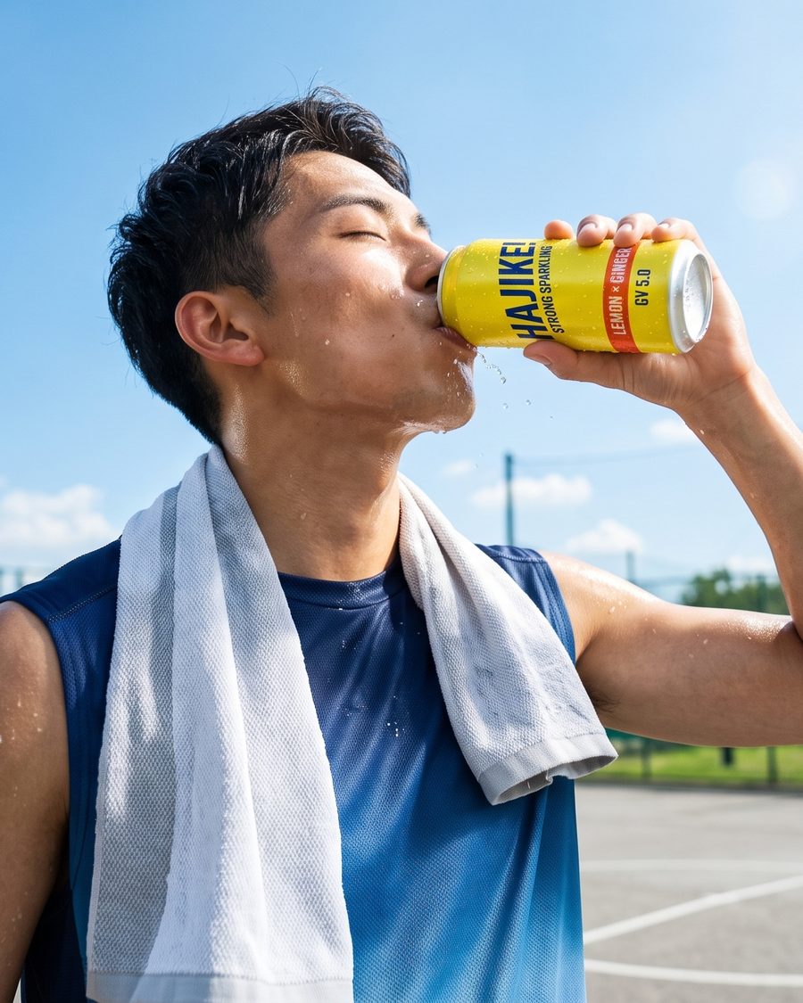 運動のあとに炭酸飲料を飲む若者